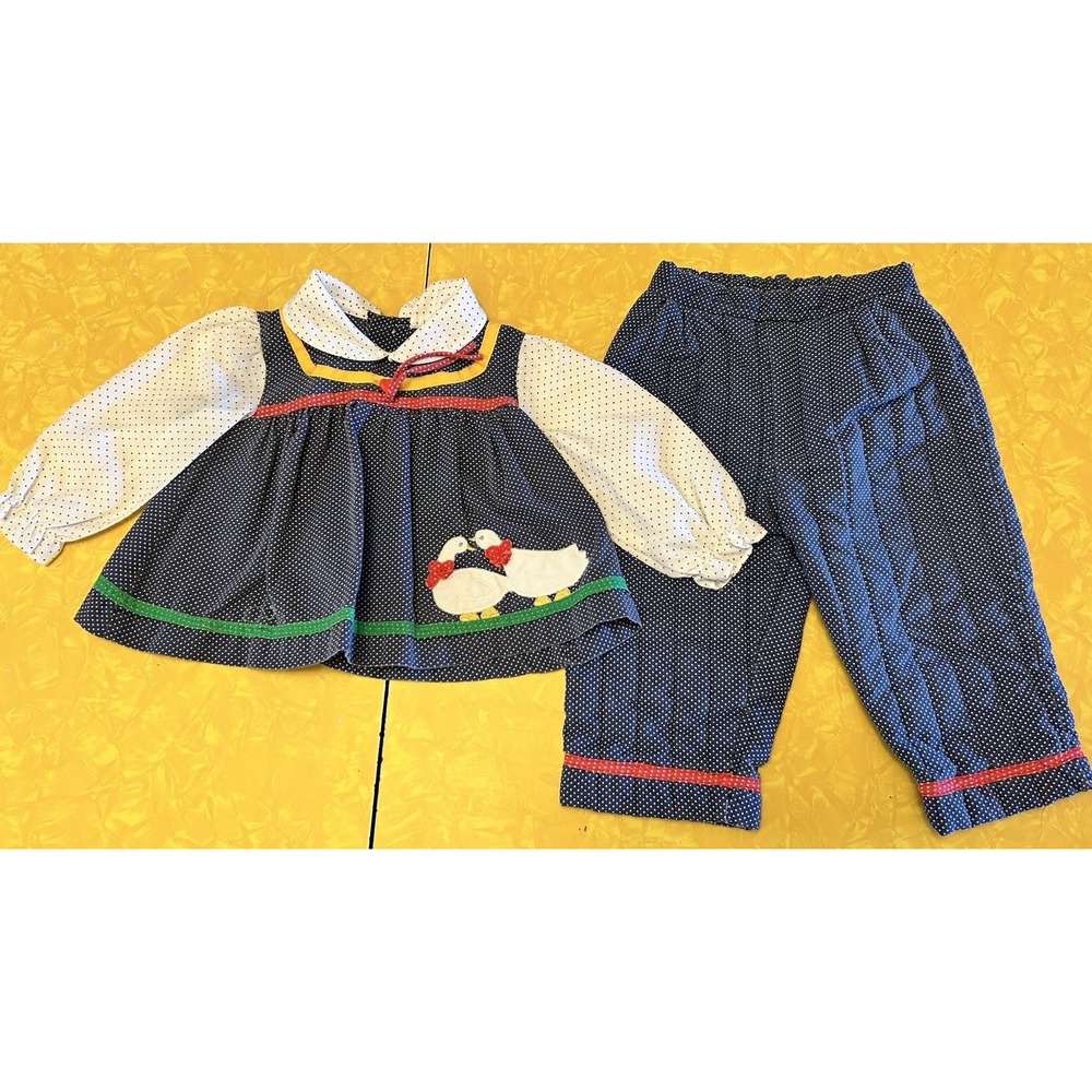 VTG 80s 90s Country Geese Infants Top & Pants Set 12 M Cottagecore Long Sleeve